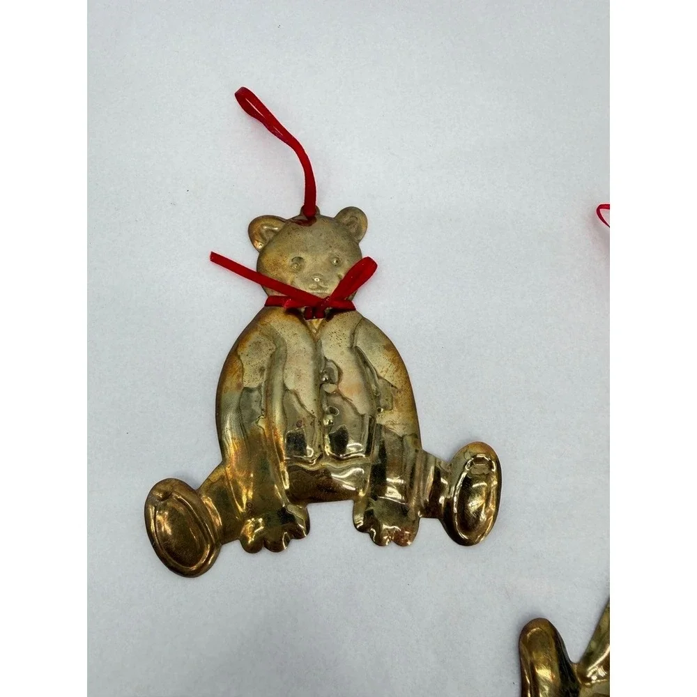 Dept 56 Teddy Bear Shaped Ornaments Brass Vintage Set 3 Holiday Hong Kong Retro